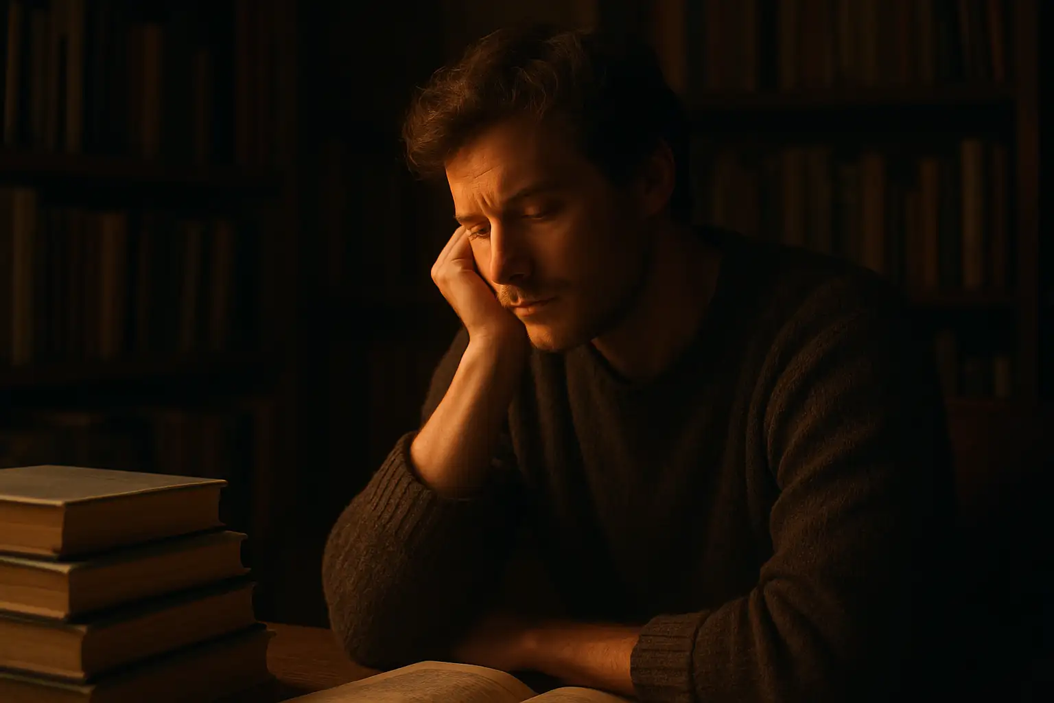 A contemplative person sitting alone in a dimly lit room, surrounded by books, light softly illuminating their face as they look inward. Realistic photography, intimate mood, warm tones, symbolizing introspection and awakening.