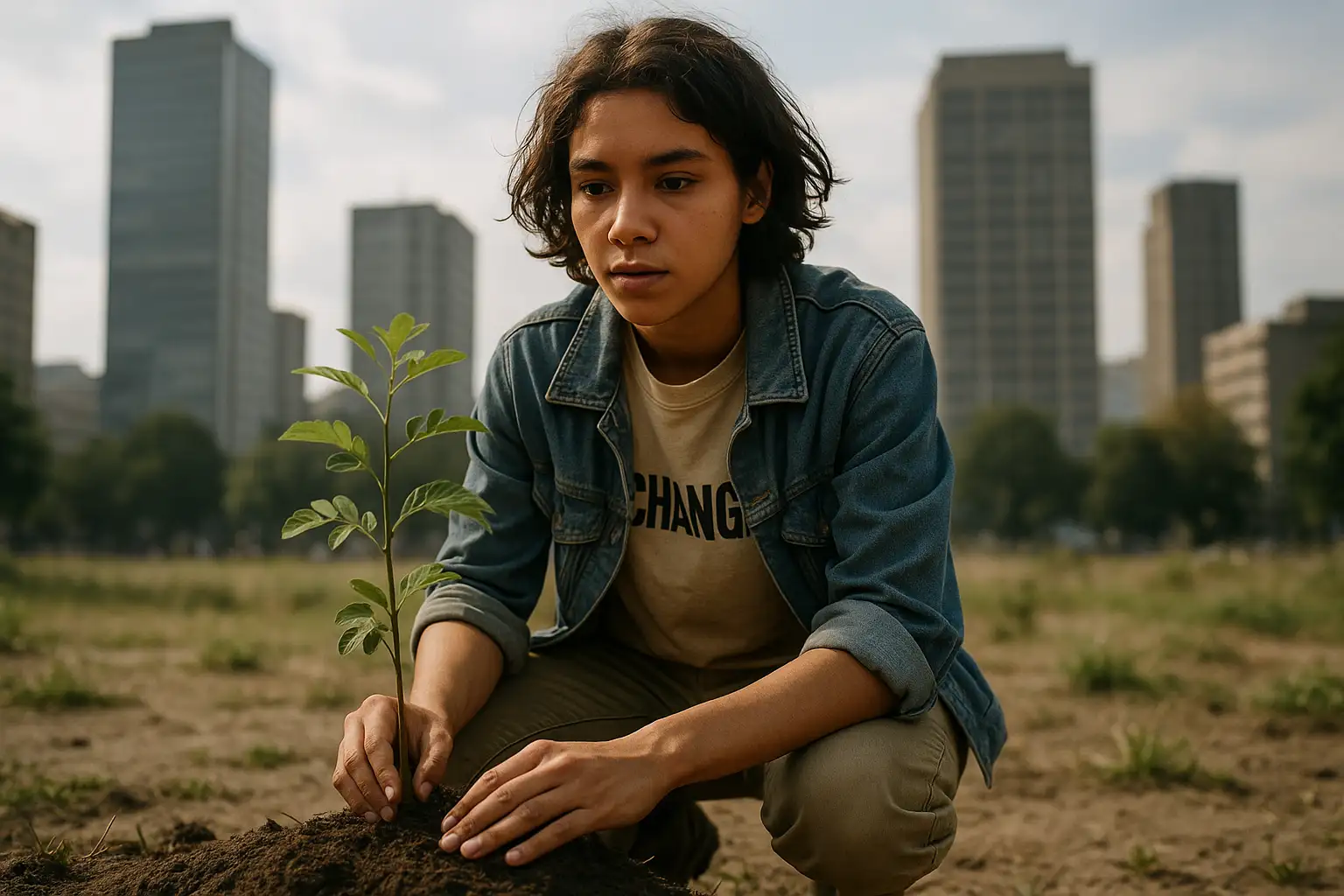 A powerful, realistic photo of a sunrise over a city skyline, with one person standing on a rooftop, silhouetted against the light. Symbolizing awakening, responsibility, and guiding the future. Editorial photography style.