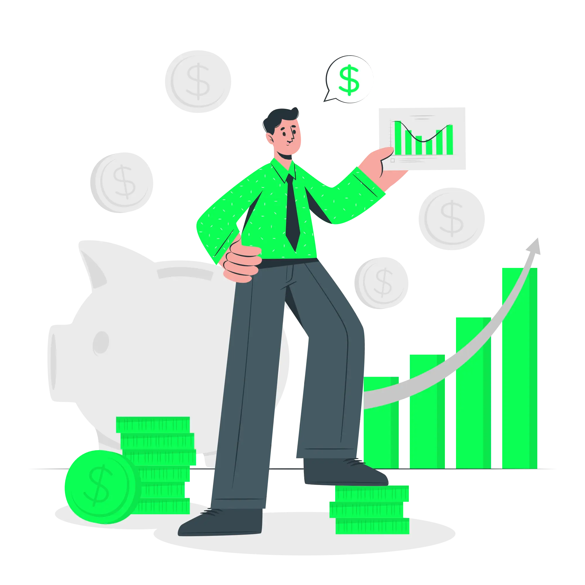 The illustration shows a man standing confidently in front of a backdrop that includes a piggy bank, stacks of coins, and a bar graph with an upward trend. He is holding a small chart with a dollar symbol above him in a speech bubble, indicating a discussion or focus on financial growth. The graph behind him is colored green and points upward, symbolizing profitability, success, or financial growth. The coins and piggy bank emphasize the theme of saving or financial investment. Overall, the image represents financial success, growth, and investment strategies.