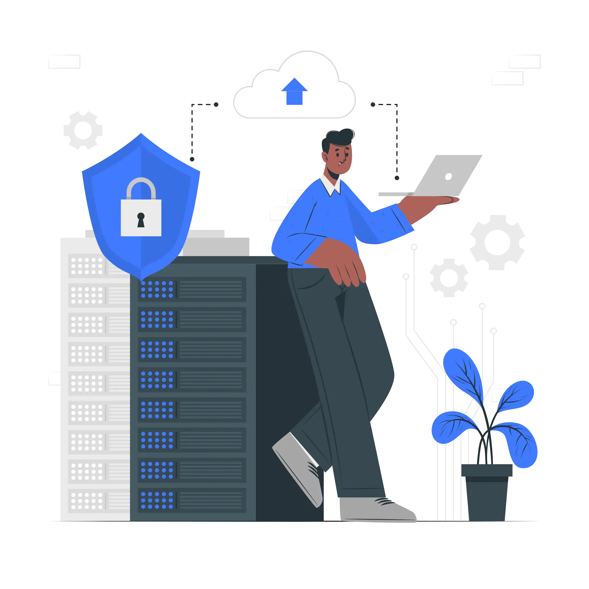 The image shows a person standing next to a server rack, holding a laptop, which likely symbolizes working with cloud computing or data management. Above the server, there is a cloud icon with an upload arrow, representing cloud storage or data synchronization. On the left side, a shield with a lock symbolizes cybersecurity, indicating that the data or system is protected. The overall setting has a technological and secure theme, with gears and circuit patterns in the background reinforcing the connection to IT infrastructure and secure data management. The color scheme, featuring blues and grays, enhances the image’s focus on technology and security.